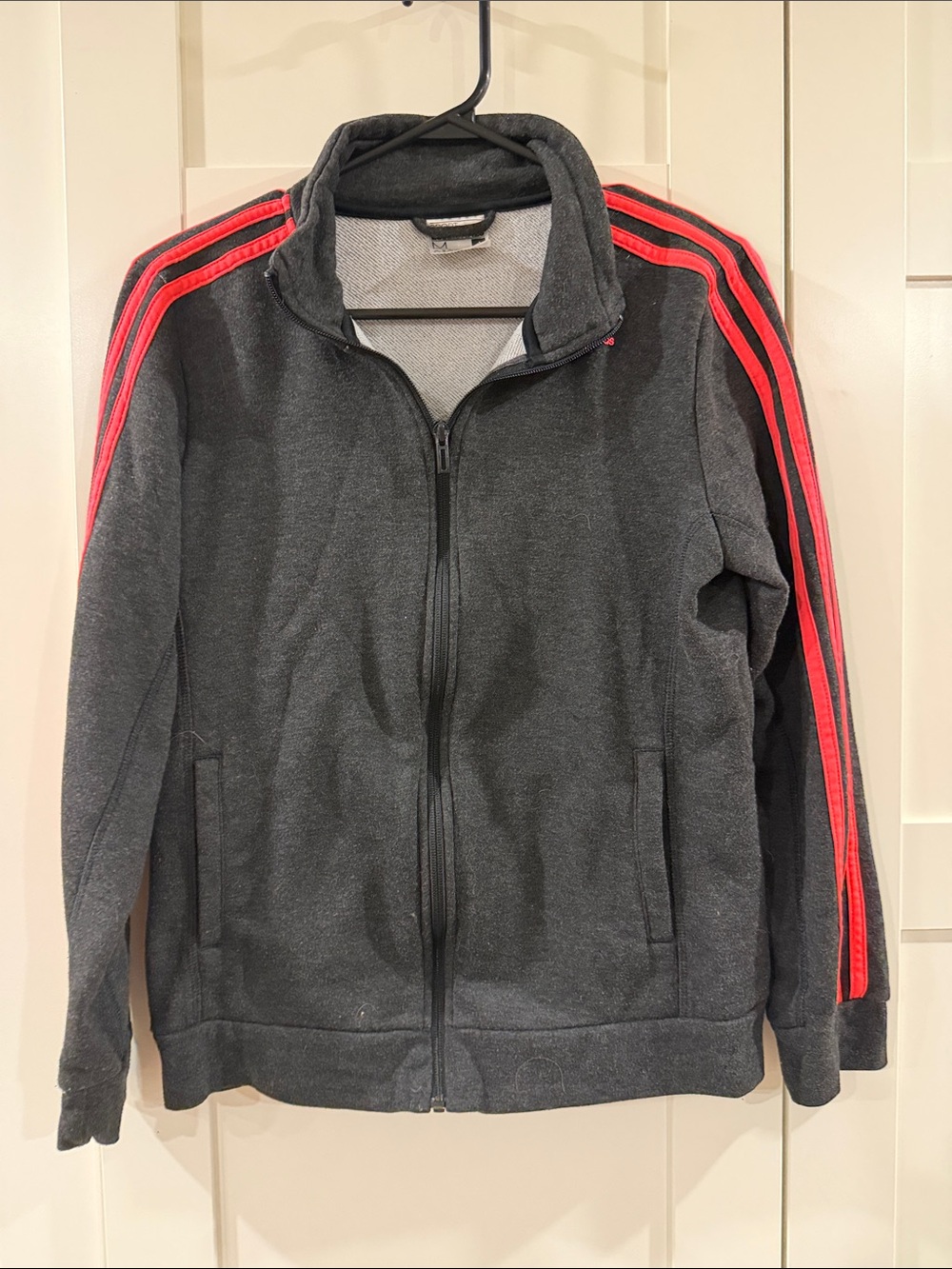 Adidas Women's Charcoal Gray Zip-Up Jacket with Red Stripe Detail